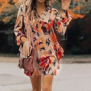 Umgee Floral Long Sleeve Boho Deep V Surplice Neckline Empire Mini Dress Medium